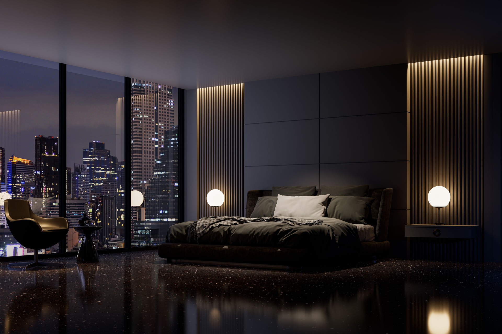 Night scene, Modern style luxury black master bedroom with city view 3d render